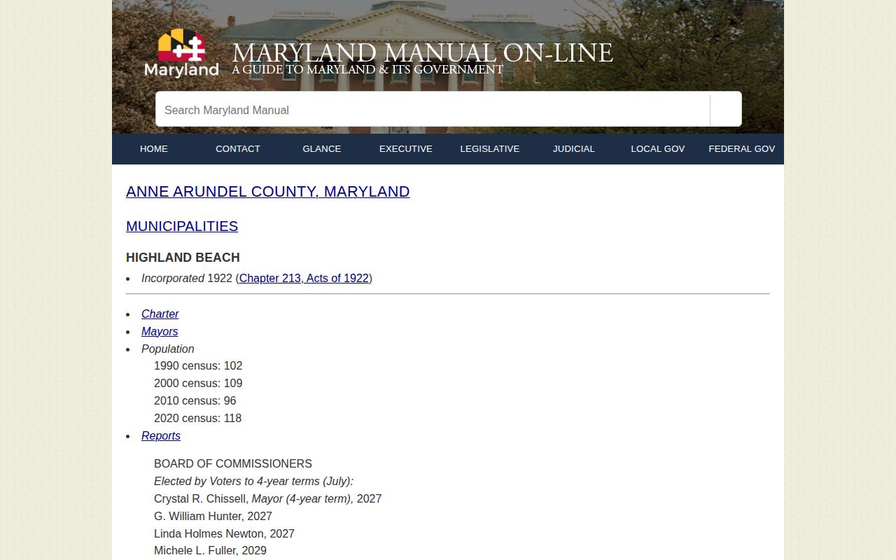 Maryland Manual incorporated-place record for Highland Beach arrest coverage
