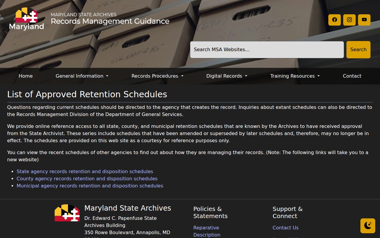 Maryland State Archives approved records schedule guidance