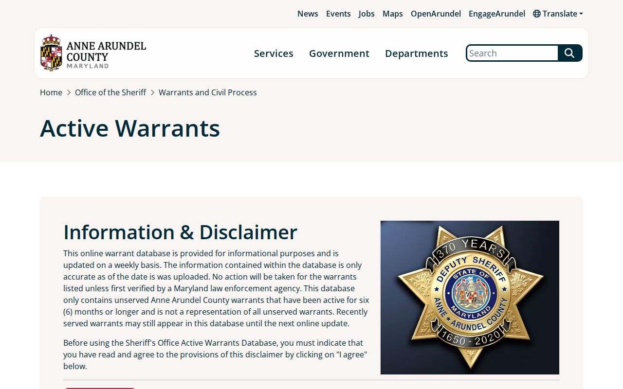 Anne Arundel County arrest warrant database disclaimer