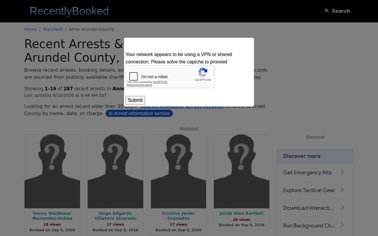 Unofficial RecentlyBooked Anne Arundel County 30-day page and disclaimer