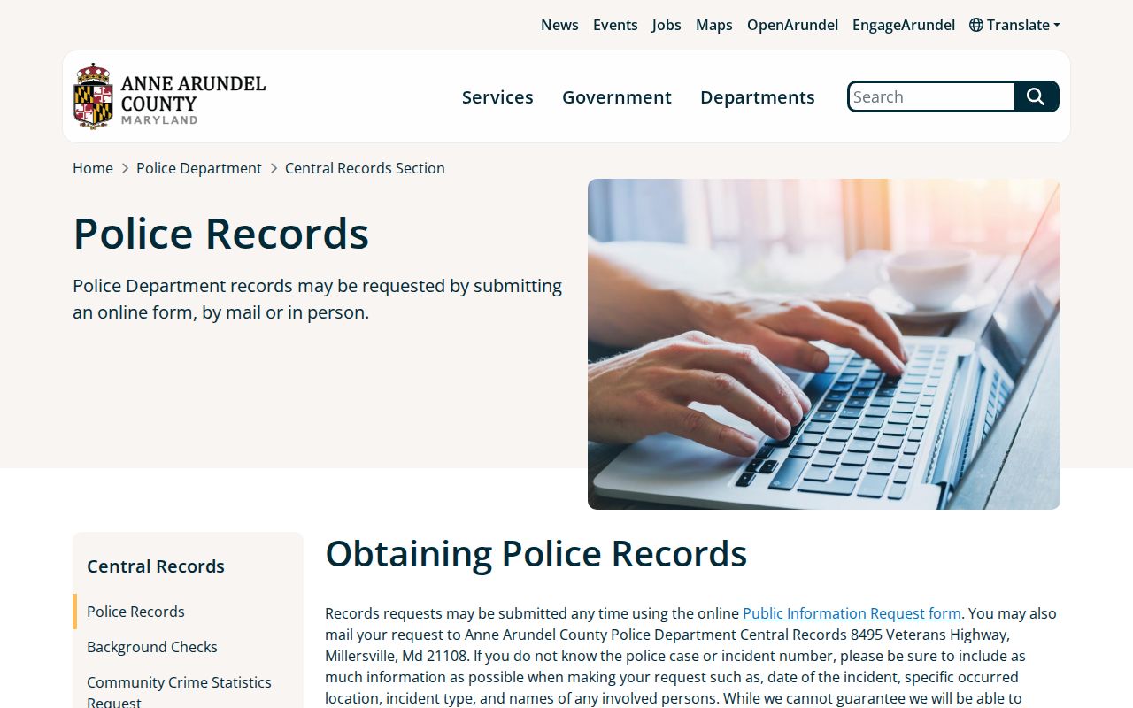 Anne Arundel County arrest records request instructions